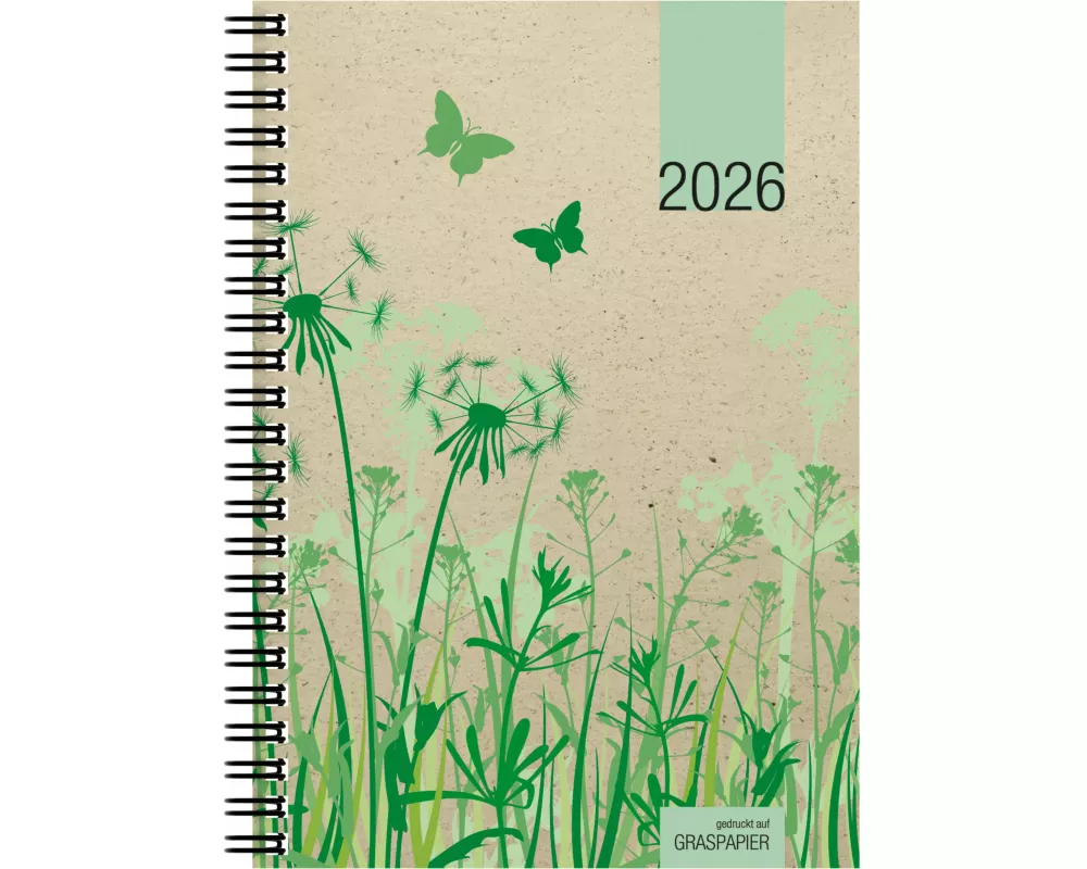 Zettler Wochenbuch 1W/2S Graspapier 2026 – Wochenkalender 14 × 20 cm, 1 Woche auf 2 Seiten, robuster Kartoneinband, nachhaltig produziert