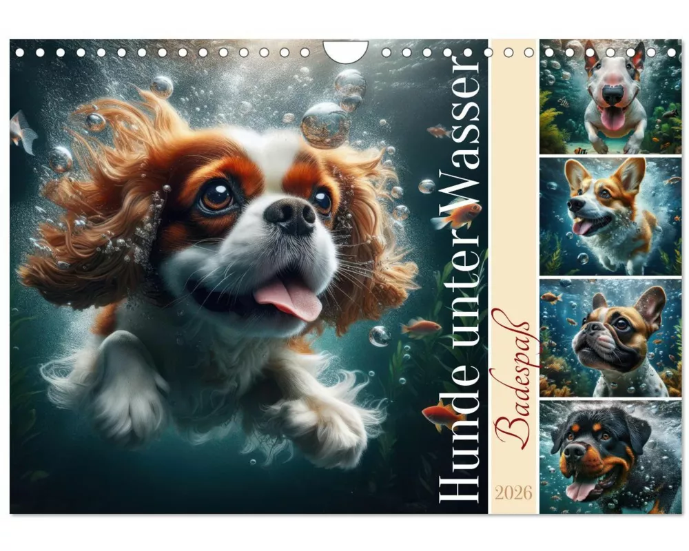 Badespaß - Hunde unter Wasser (Wandkalender 2026 DIN A4 quer), CALVENDO Monatskalender