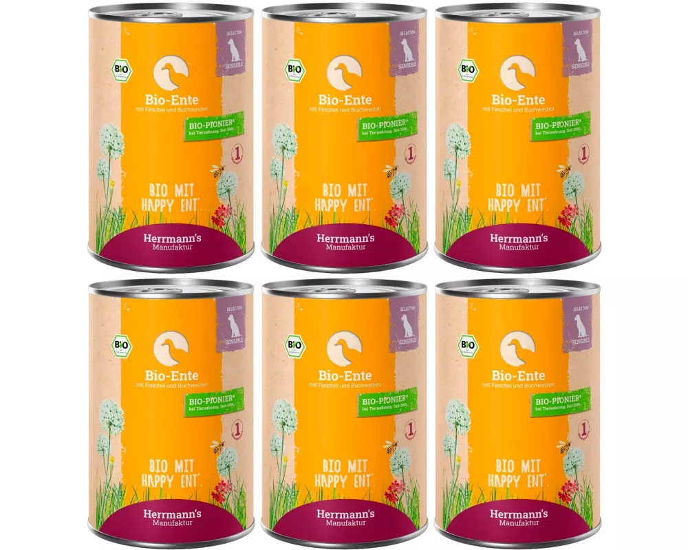 Herrmann's Nassfutter Bio Ente mit Fenchel und Buchweizen 6 x 400 g