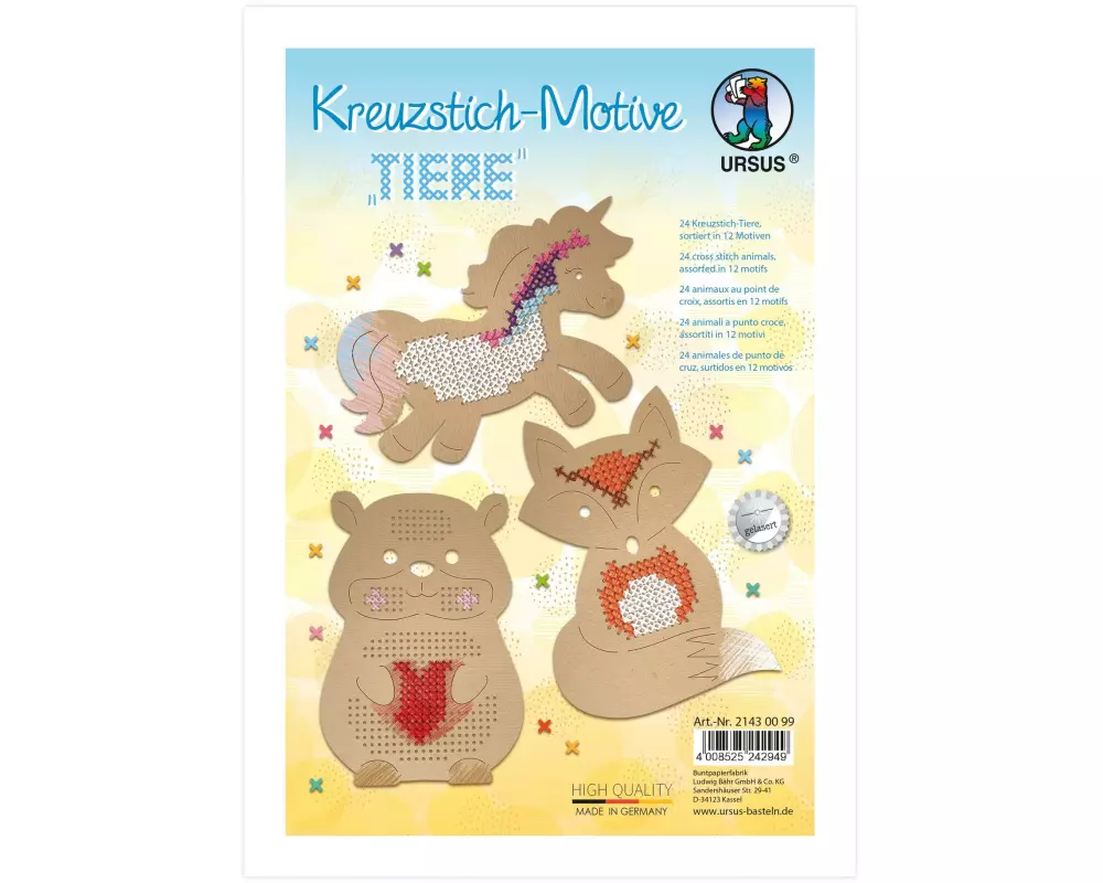 URSUS Stickset Kreuzstich Tiere 14.5 x 20 cm, 24 Stück