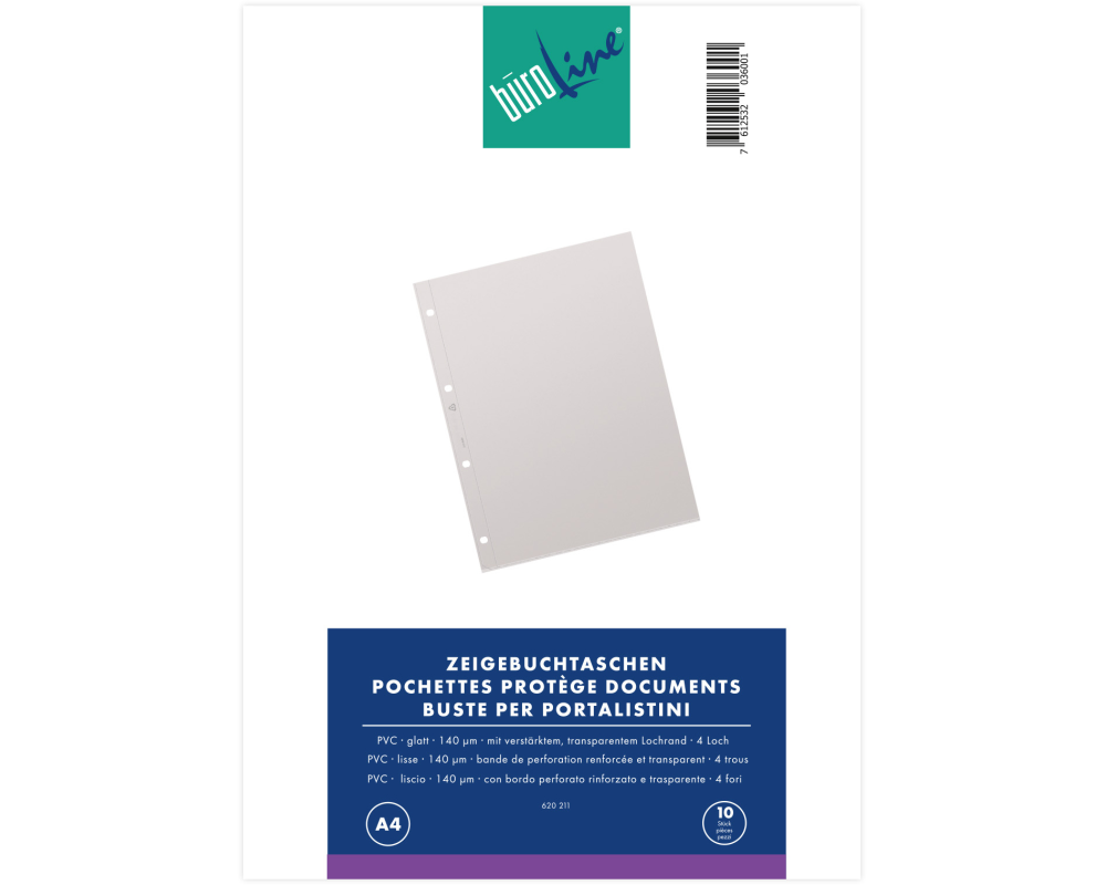 BÜROLINE Zeigetaschen PVC 140 my A4 620211 transparent, glatt 10 Stück