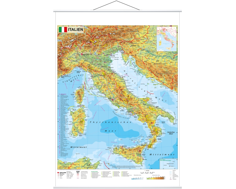 Italien physisch 1 : 1.600 000. Wandkarte mit Metallbeleistung