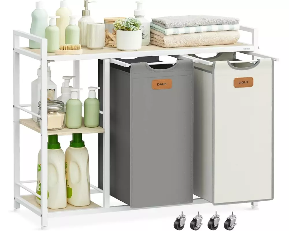 VASAGLE Wäschekorb mit 2 Fächern 100 l, Beige/Grau/Weiss