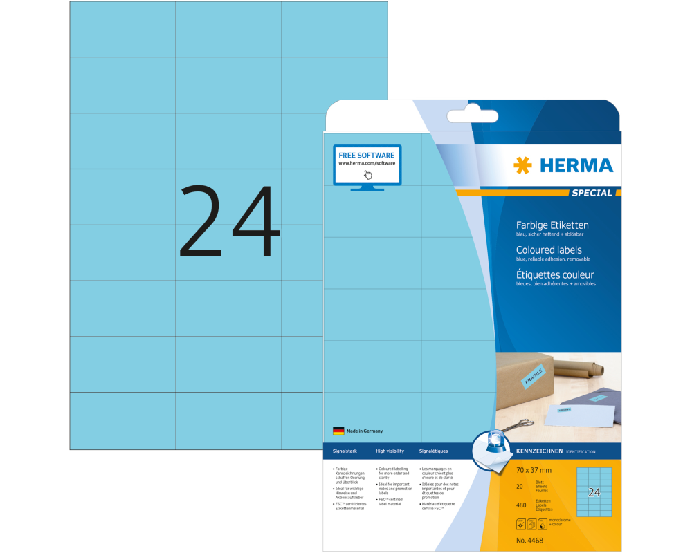 HERMA Universal-Etiketten 70x37mm 4468 blau 480 St./20 Blatt
