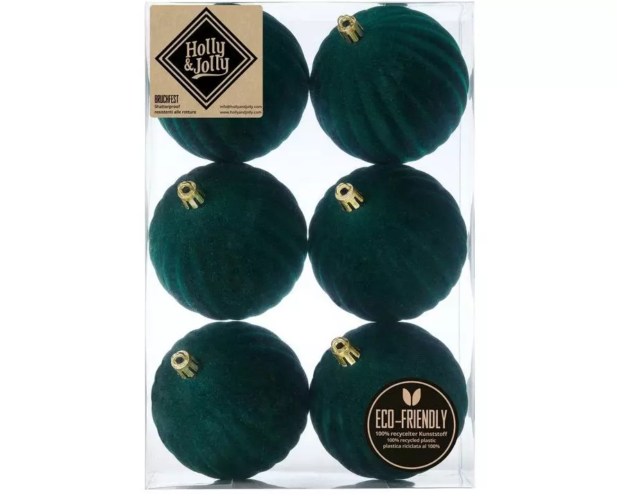 Holly & Jolly Weihnachtskugel Samt Dunkelgrün 6 Stück, 8 cm