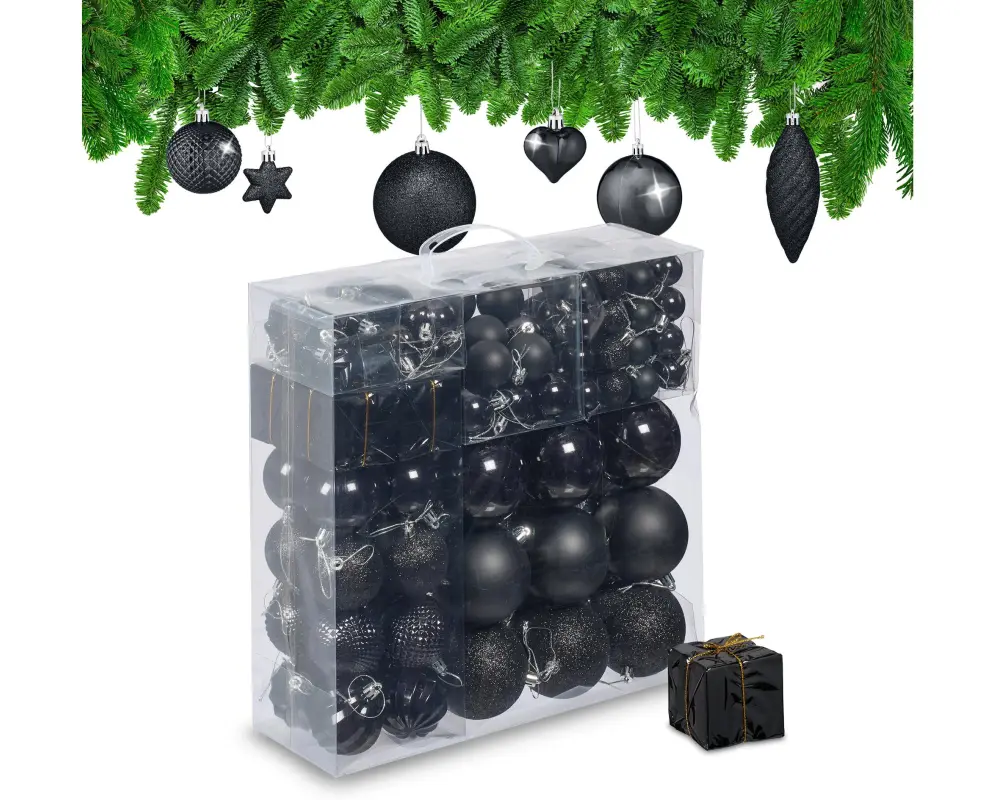 relaxdays Weihnachtskugeln im 110er-Set Gold-Schwarz-Silber Gold/Schwarz/Silber