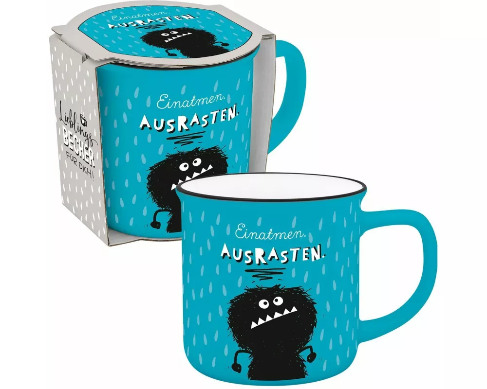 Becher in Emailloptik "Einatmen. Ausrasten!"