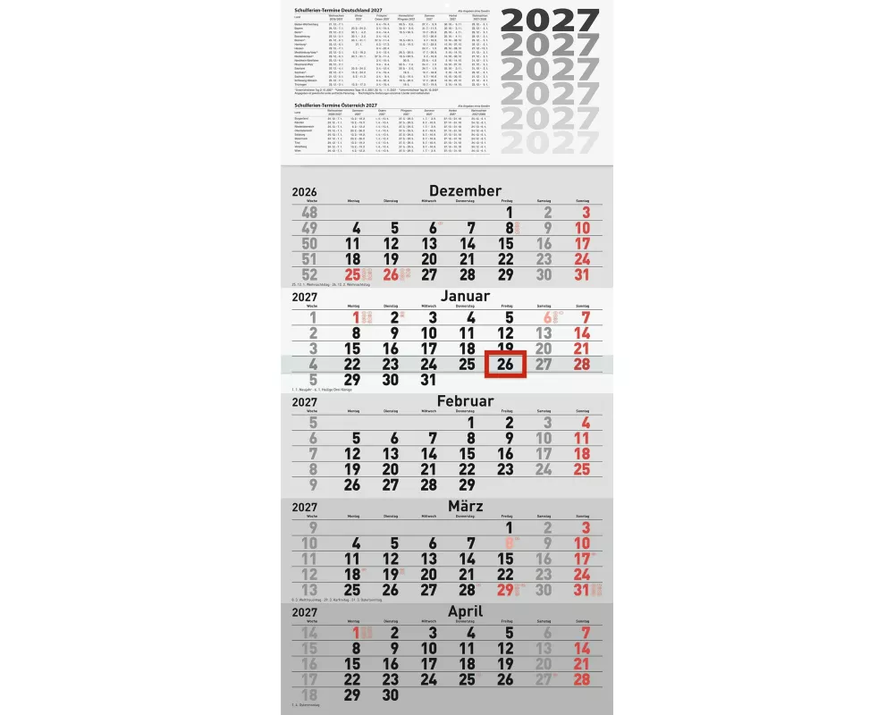 rido/idé 7033520007 5-Monatskalender 2027 grau, 300×630 mm