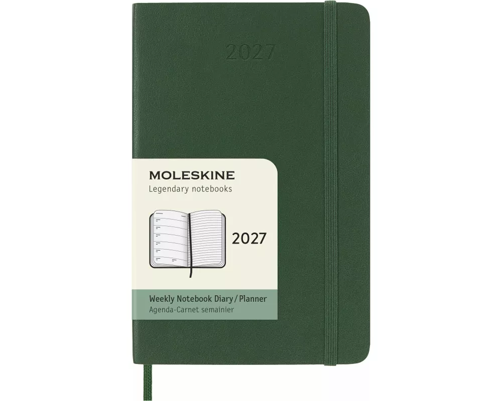 Moleskine 12 Monate Wochen Notizkalender 2027, Pocket/A6, 1 Wo = 1 Seite, rechts linierte Seite, weicher Einband, myrtengrün
