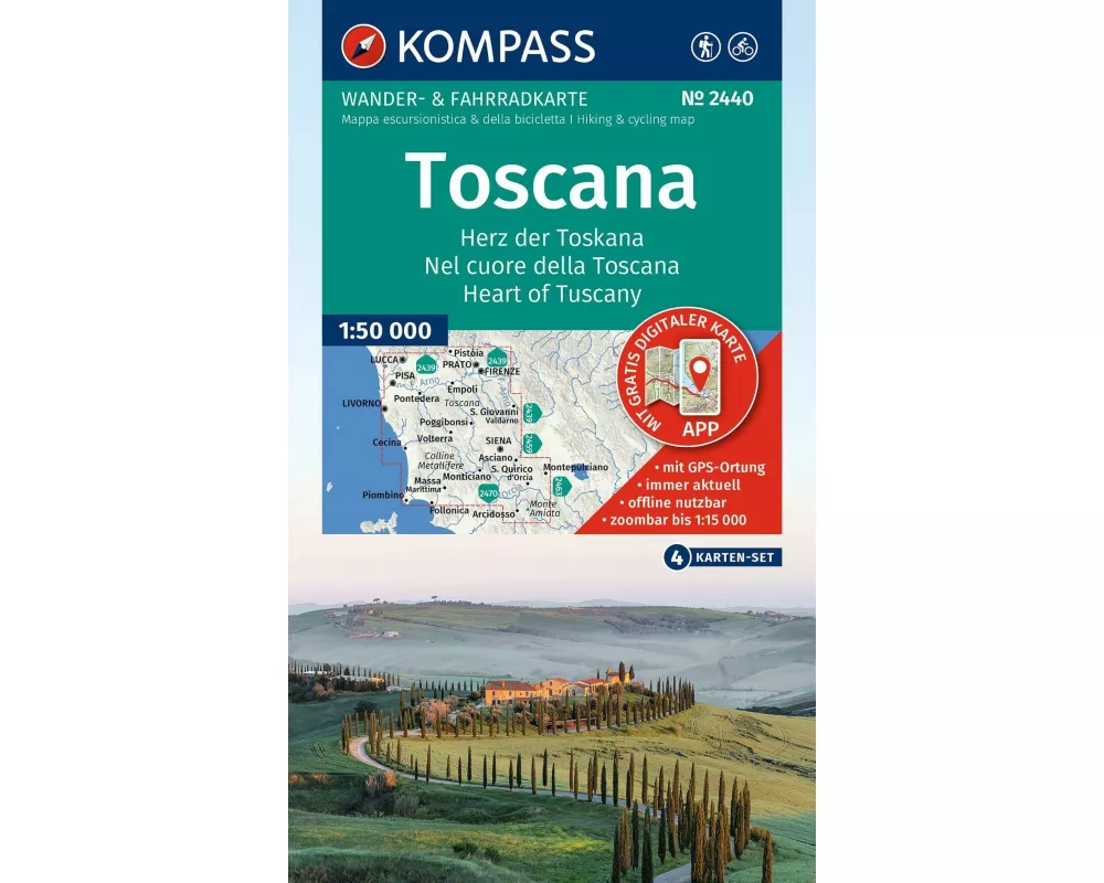 KOMPASS Wanderkarten-Set 2440 Toscana, Herz der Toskana, Nel cuore della Toscana, Heart of Tuscany (4 Karten) 1:50.000