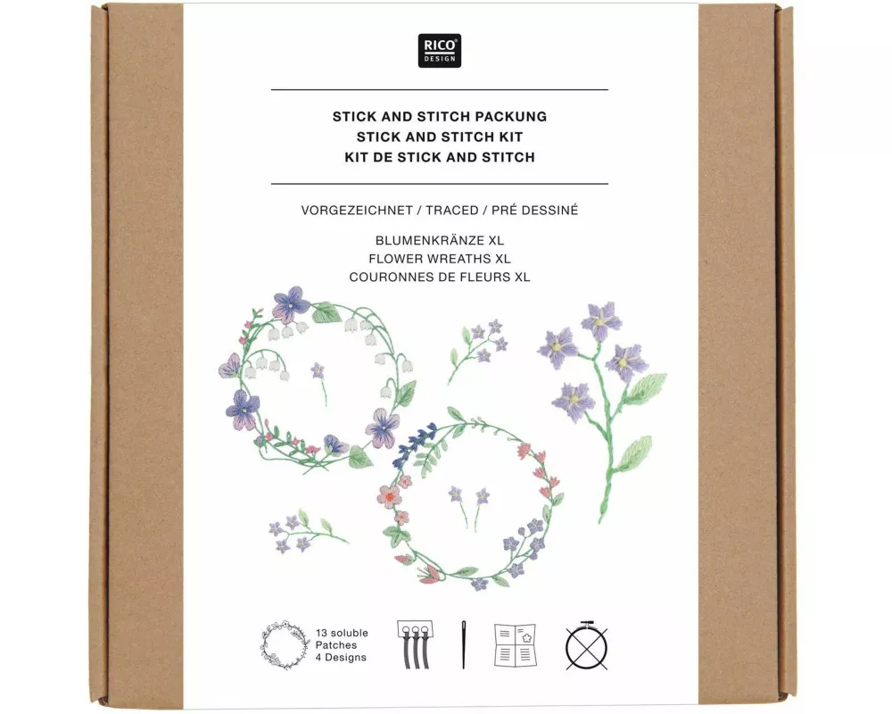 Stick & Stitch Packung, Blumenkränze XL // 13 Stk., 4 Designs // Wasserlösliche Stickvorlage, Stickgarn, Sticknadel und Anleitung