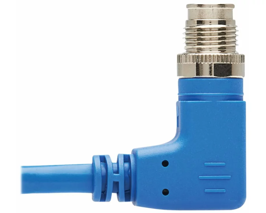 EATON TRIPPLITE M12, X-Code, Cat6, 1G, UTP, CMR-LP, Ethernet Cable, Right-Angle, M12m/RJ45m, IP68, PoE, Blue, 3m 9.8 ft.
