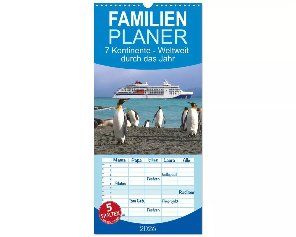 Familienplaner 2026 - 7 Kontinente - Weltweit durch das Jahr mit 5 Spalten (Wandkalender, 21 x 45 cm) CALVENDO