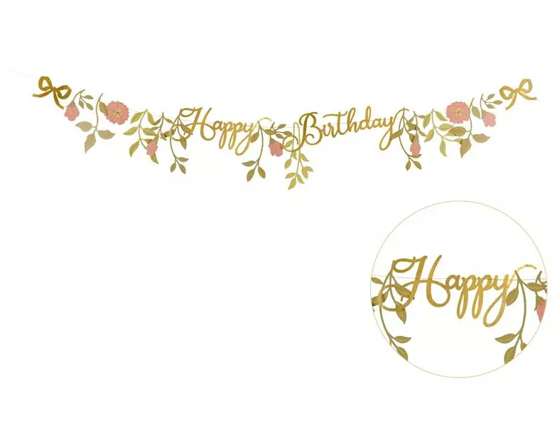 Partydeco Girlande Happy Birthday Blumen, Rosa/Gold, 1.3 m
