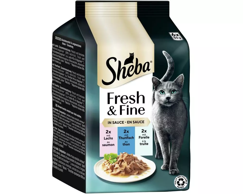 Sheba Nassfutter Sauce mit Lachs, Thunfisch und Forelle, 6 x 50g