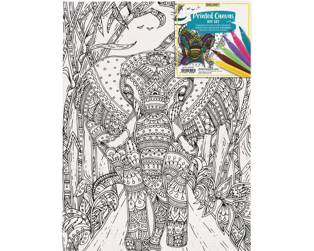ONLINE Leinwand-Set 25.4x35.6cm 61043/6 Elefant, inkl. 6 Brushpens