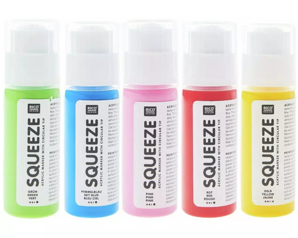 Rico Design Squeeze Acrylic Marker 5 x 60 ml, Regenbogenfarben