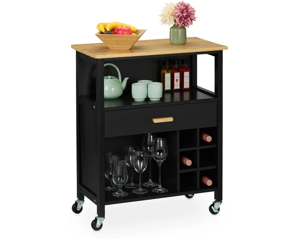 relaxdays Küchenwagen mit Weinregal 80 x 65 x 35 cm, Schwarz