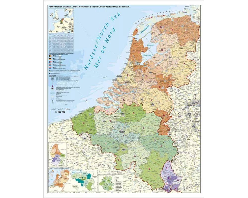 Benelux-Länder Postleitzahlen. Wandkarte Poster