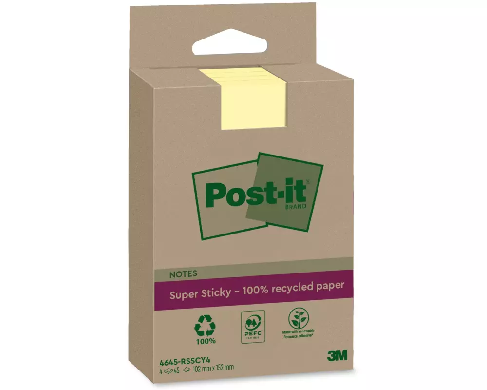 Post-it Notizzettel 3M Recycling Notes 4 Blöcke, Gelb, liniert