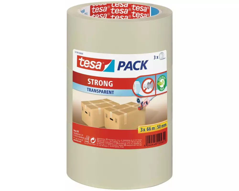 tesa Klebeband strong 50 mm x 66 m, Transparent, 3 Rollen