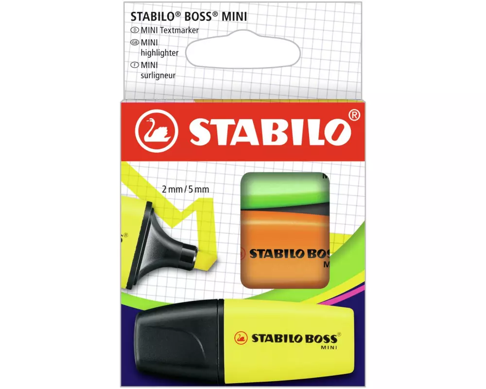STABILO Textmarker Boss Mini 3 Stück, Gelb/Grün/Orange, Kartonetui