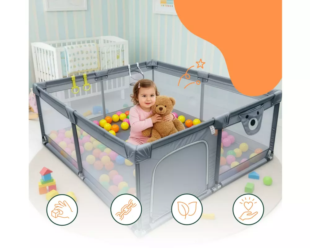 relaxdays Kinderlaufstall Grau mit 50 Spielbällen