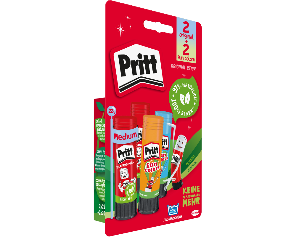 PRITT Klebestift + Fun Colors 900326 2x22g + blau, orange 2x20g