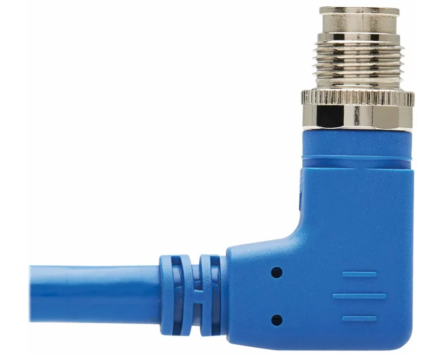 EATON TRIPPLITE M12, X-Code, Cat6a, 10G, F/UTP, CMR-LP, Shielded Ethernet Cable, Right-Angle, M/M, IP68, PoE, Blue, 10m 32.8 ft.