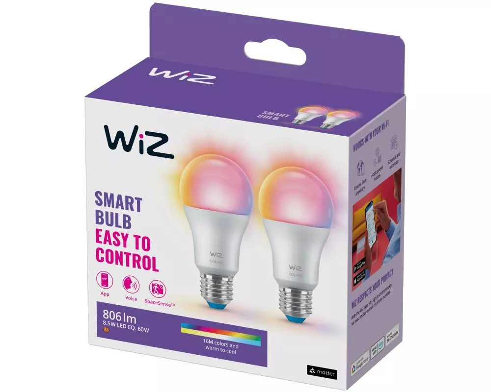 WiZ Leuchtmittel 8.5W 60W E27 A60 Tunable White&Color Doppelpack