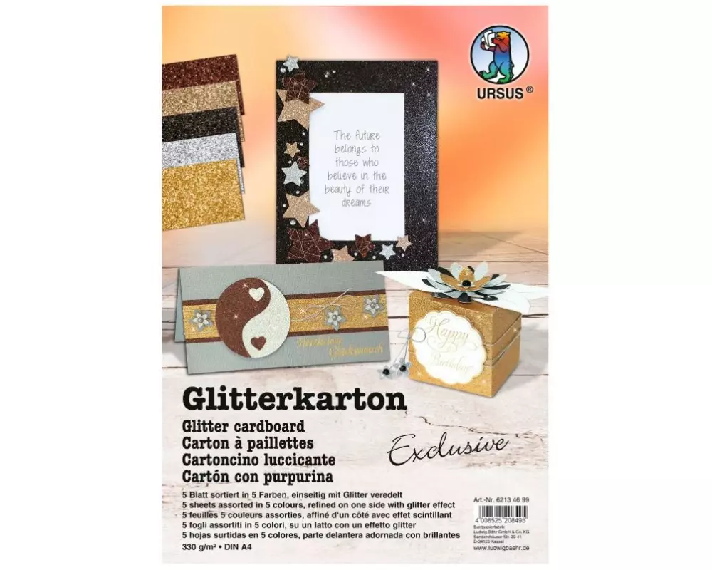 URSUS Glitzerkarton Exclusive A4, 330 g/m², 5 Blatt, Mehrfarbig