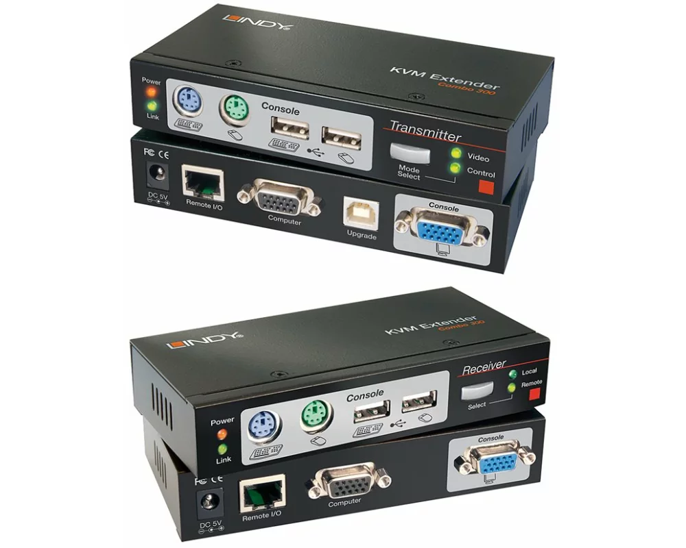 LINDY Cat.5 KVM Extender Combo 300 with KVM Switches. USB-PS/2 and VGA up to 300m at 1920x1200 W/Skew Comp.