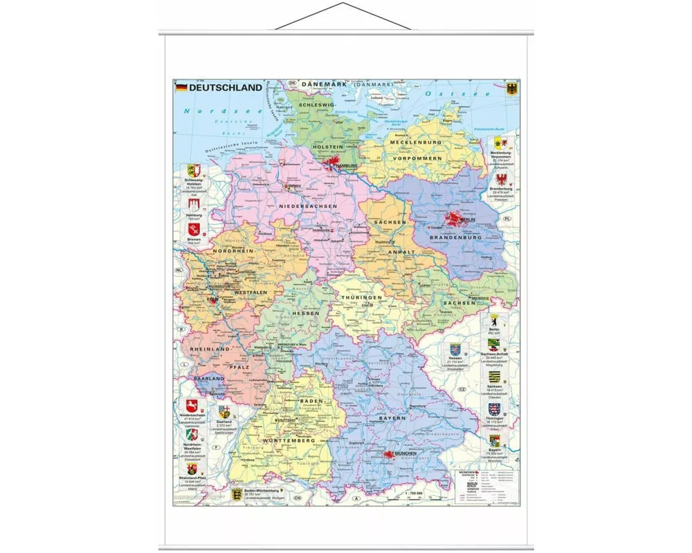 Deutschland politisch mit Wappen 1 : 700.000. Wandkarte mit Metallbeleistung