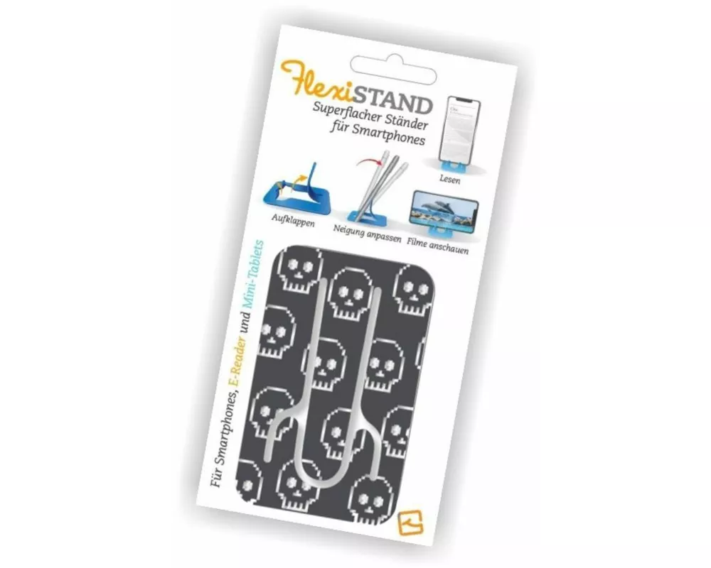 Flexistand (Totenkopf) - flexibler Handyaufsteller - für alle Handys und Mini-Tablets - superflach - stufenlos verstellbar - hochkant und quer - passt
