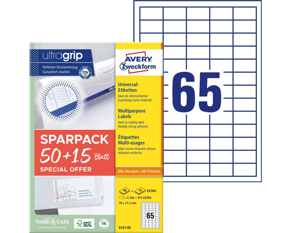 Avery Zweckform Universal-Etiketten 6121-65, 38 x 21.2 mm, 65 Blatt