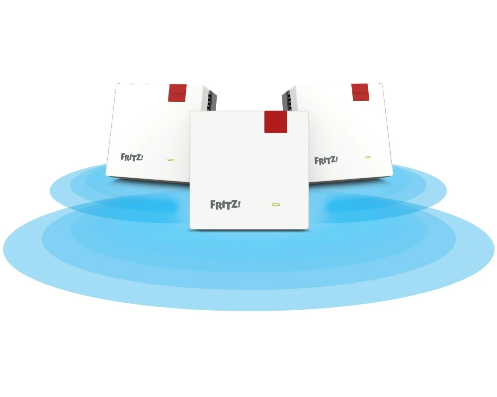 Mesh Set FRITZMESH SET 1600 3-PACK EDITION INTERNATIONAL. Product colour: Red, White, Antenna type: Internal, Product type: Mesh system. Wi-Fi band: Dual-band (2.4 GHz / 5 GHz), Top Wi-Fi standard: Wi-Fi 6 (802.11ax), WLAN data transfer rate (max): 3000 Mbit/s. Power consumption (typical): 6 W, AC input voltage: 230 V, AC input frequency: 50 Hz. Width: 80 mm, Depth: 37 mm, Height: 80 mm. Number of products included: 3 pc(s), Number of units included: 3 pc(s)