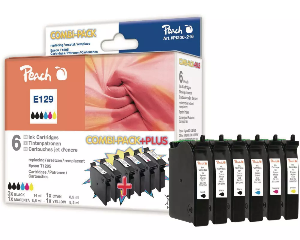 Peach Tintenset Epson T1295 C, M, Y, 3x BK