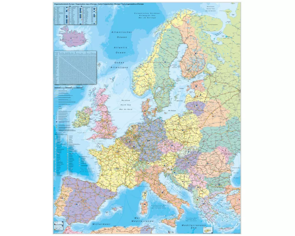 Europa Organisationskarte 1 : 3 600 000. Wandkarte Großformat mit Metallstäben