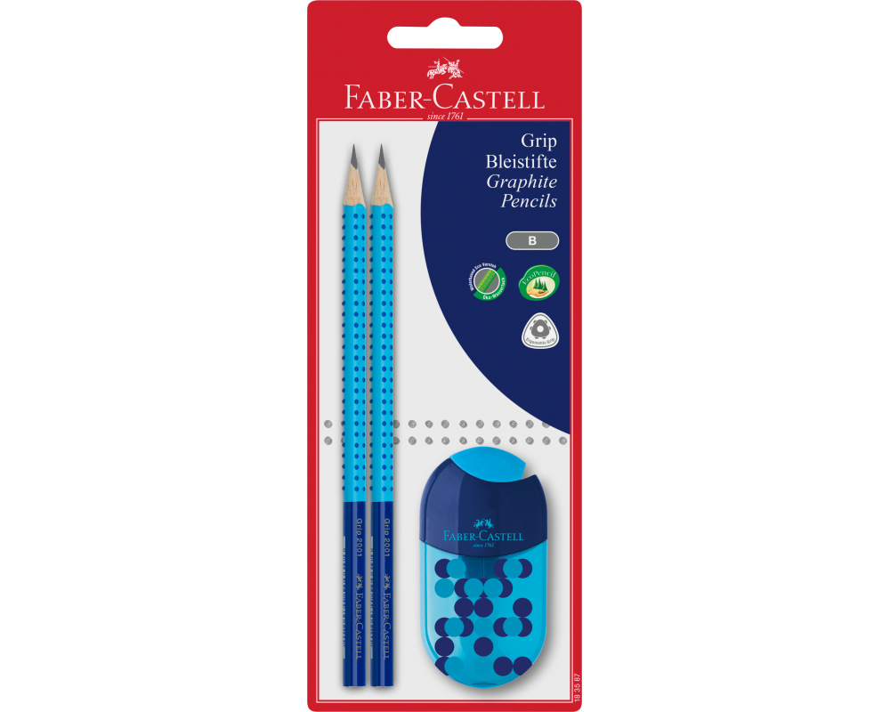 FABER-CASTELL Bleistift, Spitzer B 183587 Grip 2001 Set, 3 Farben