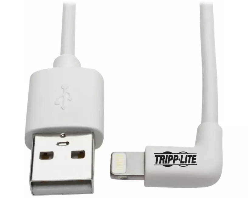 EATON TRIPPLITE Right-Angle, USB-A to Lightning, Sync/Charge Cable, MFi Certified - White, M/M, USB 2.0, 6 ft. 1.83m