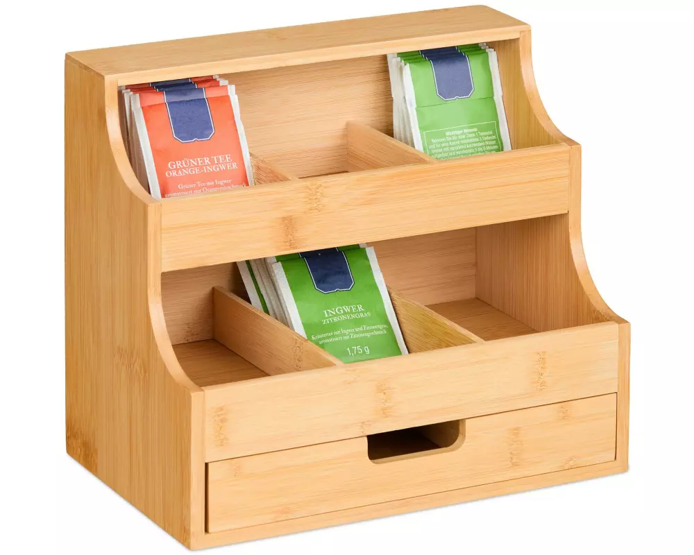 relaxdays Teebeutel-Box mit Schublade 9 Fächer