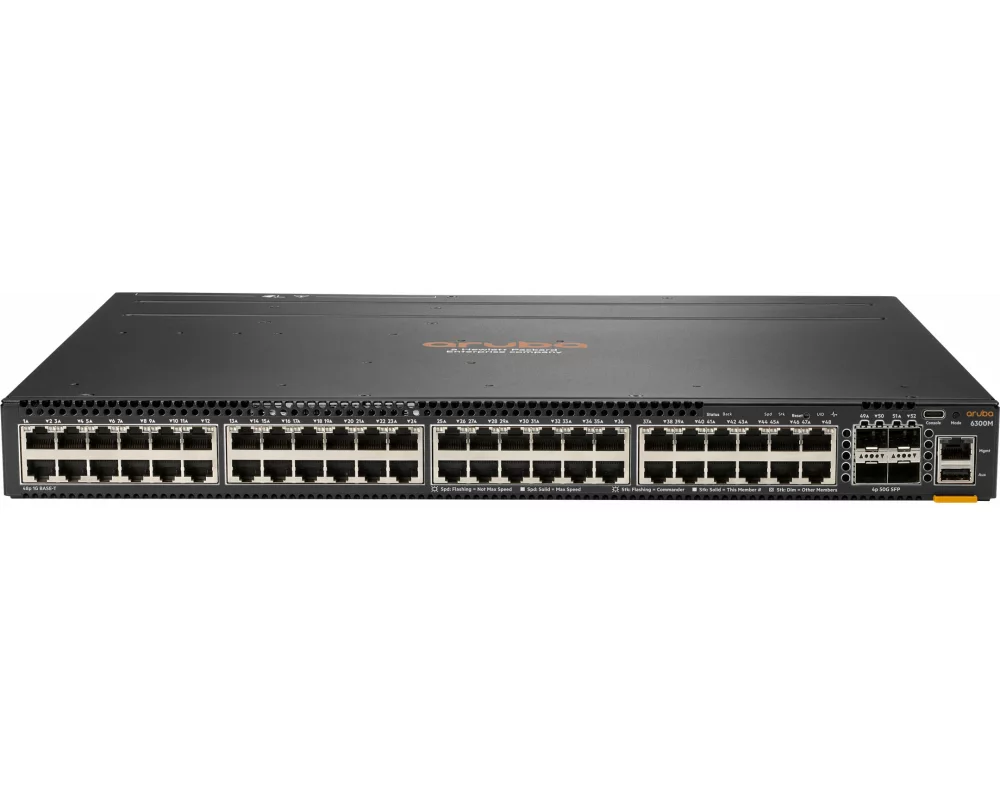 HPE Aruba 6300M Switch, 48 Port 1GbE and 4 Port SFP56, Layer 3, Stackable, 1U, One Touch Deployment with CX Mobile App, NetEdit