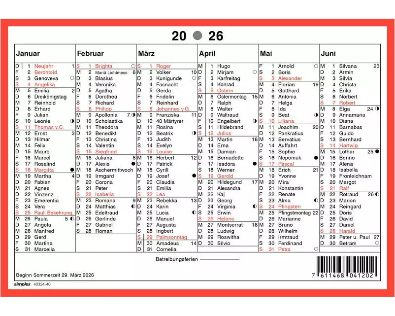 Simplex Kalender mit Namenstagen A5 Querformat, 2026