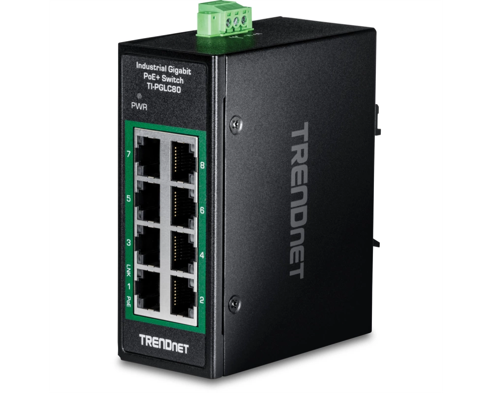 TRENDnet TI-PGLC80 8-Port Gigabit PoE+ Industrial DIN-Rail Mini Switch