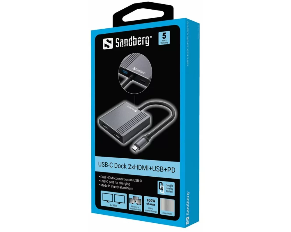 Sandberg USB-C Dock, 2xHDMI+USB+PD