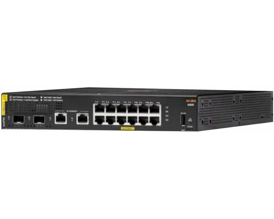 HPE Aruba 6000 Switch, 12G, 2 SFP, 2G Ports, PoE C4 139W, 1U, Layer 2, ACL, QoS, Web GUI, CLI, Aruba NetEdit, Fanless