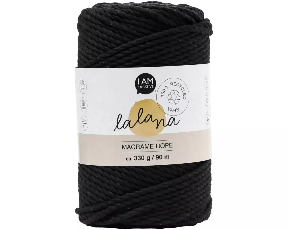 lalana Wolle Makramee Rope 3 mm, 330 g, Schwarz