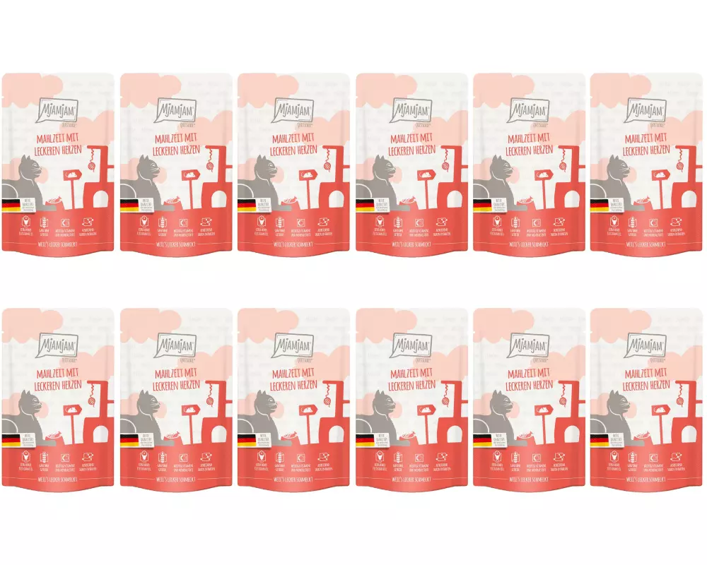 Mjamjam Nassfutter Quetschie Mahlzeit mit Herzen, 12 x 125 g
