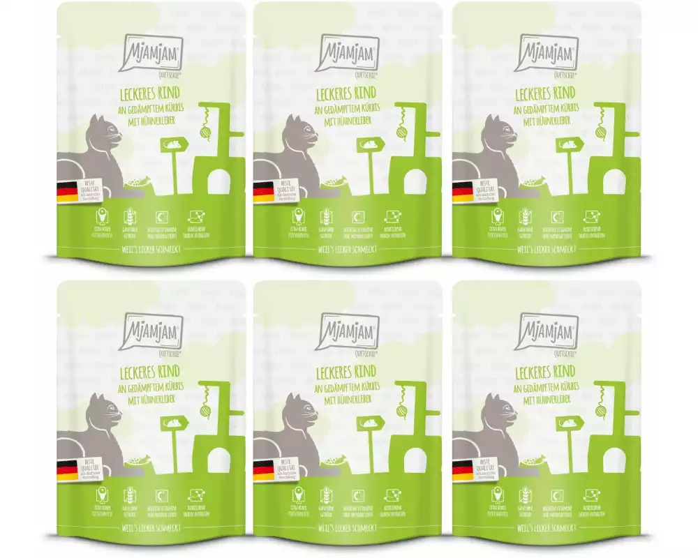 Mjamjam Nassfutter Quetschie Rind & Kürbis, 6 x 300 g