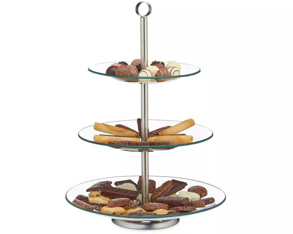 relaxdays Etagere rund, 3-stufig, Silber/Transparent